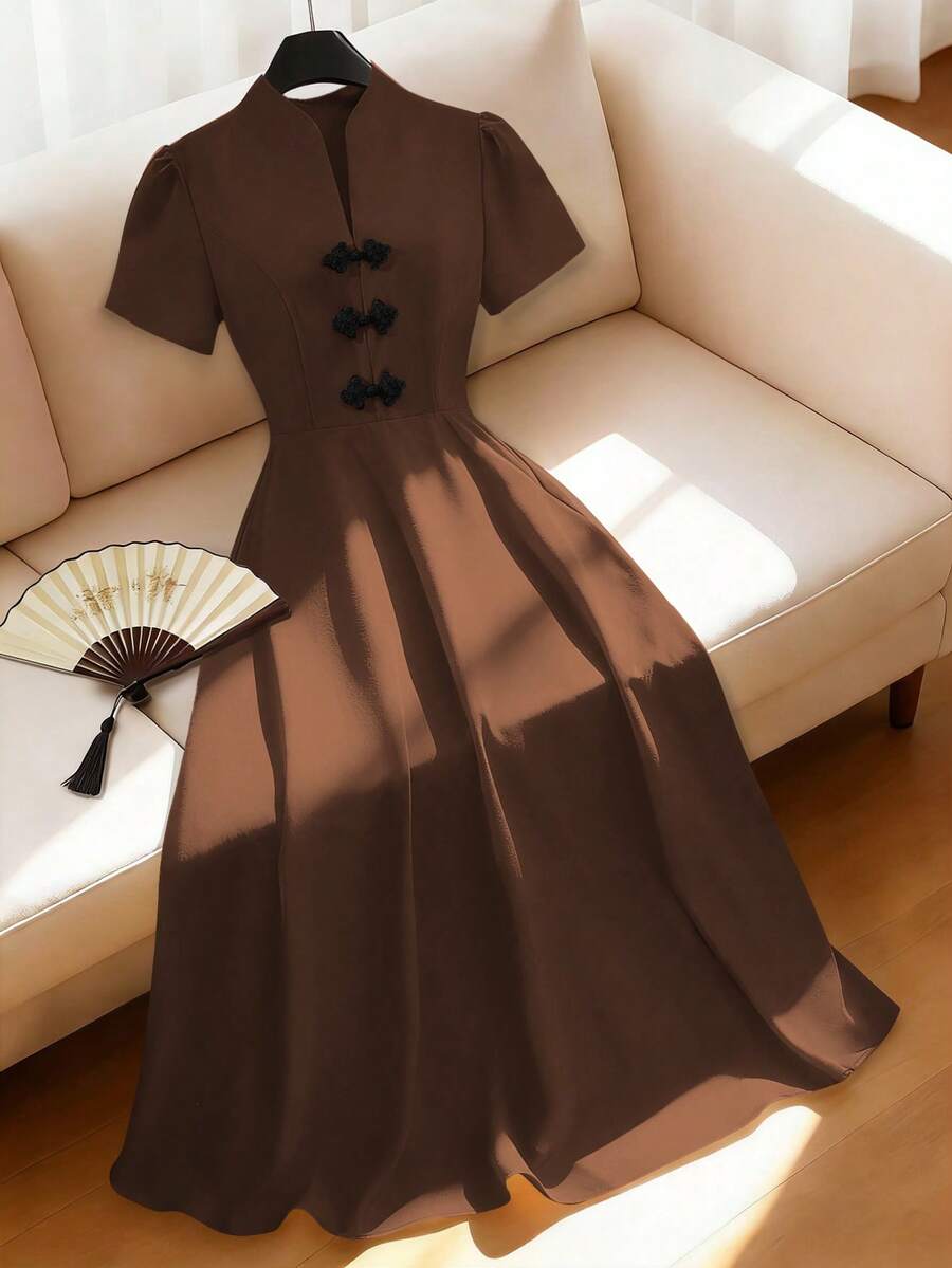 SHEIN Franclia Vestido de manga corta con diseño de botones elegante y retro para mujer - Café integral - Ver 1