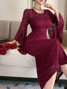 DAZY Vintage Lace Handmade Dress, Gentle Elegant Mermaid Long Sleeve Bodycon Dress Sun Dresses For Women - Red - View 2