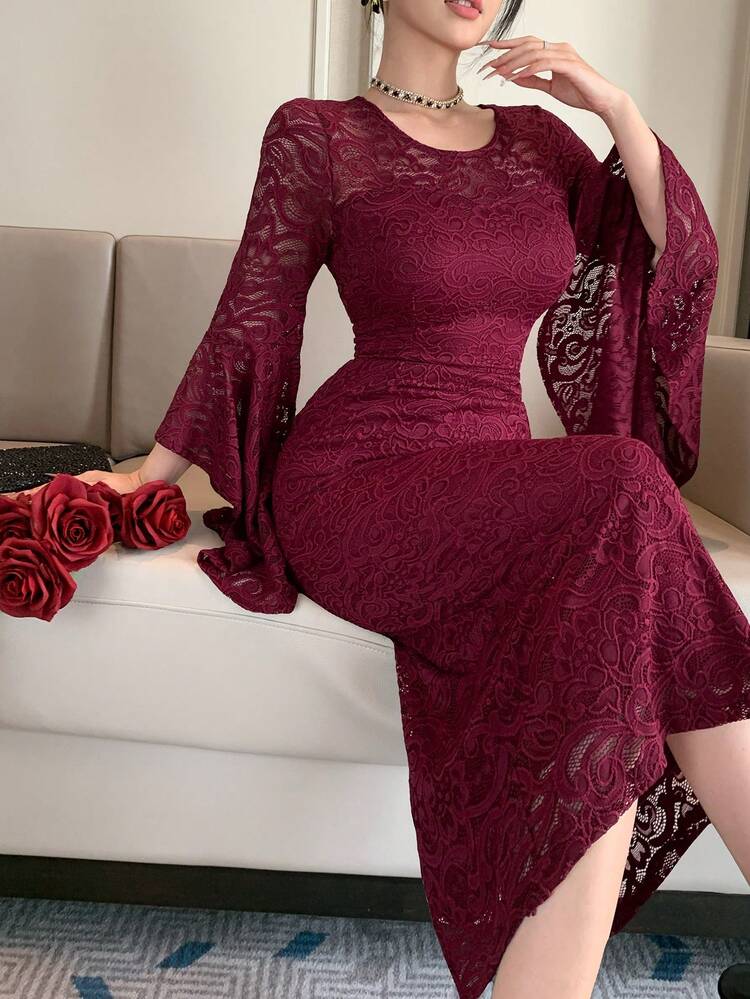 Vintage Lace Handmade Dress, Gentle Elegant Mermaid Long Sleeve Bodycon Dress Sun Dresses For Women