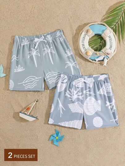男童时尚休闲印花沙滩短裤，适合游泳、夏季度假、海滩、泳池、假日派对等场合