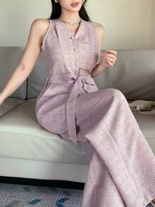 Dazy-Less 女士优雅无袖连体裤，配腰带，适合夏季通勤 - 粉色 - 查看 1