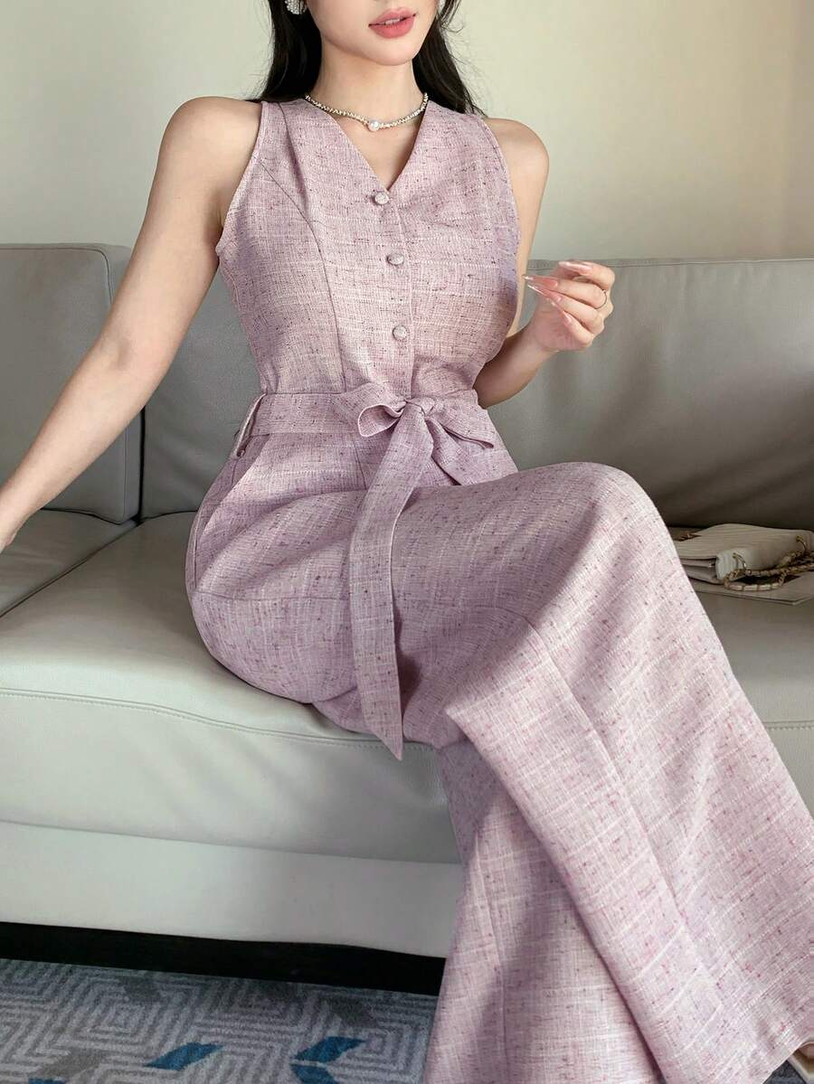 Dazy-Less 女士优雅无袖连体裤，配腰带，适合夏季通勤 - 粉色 - 查看 1