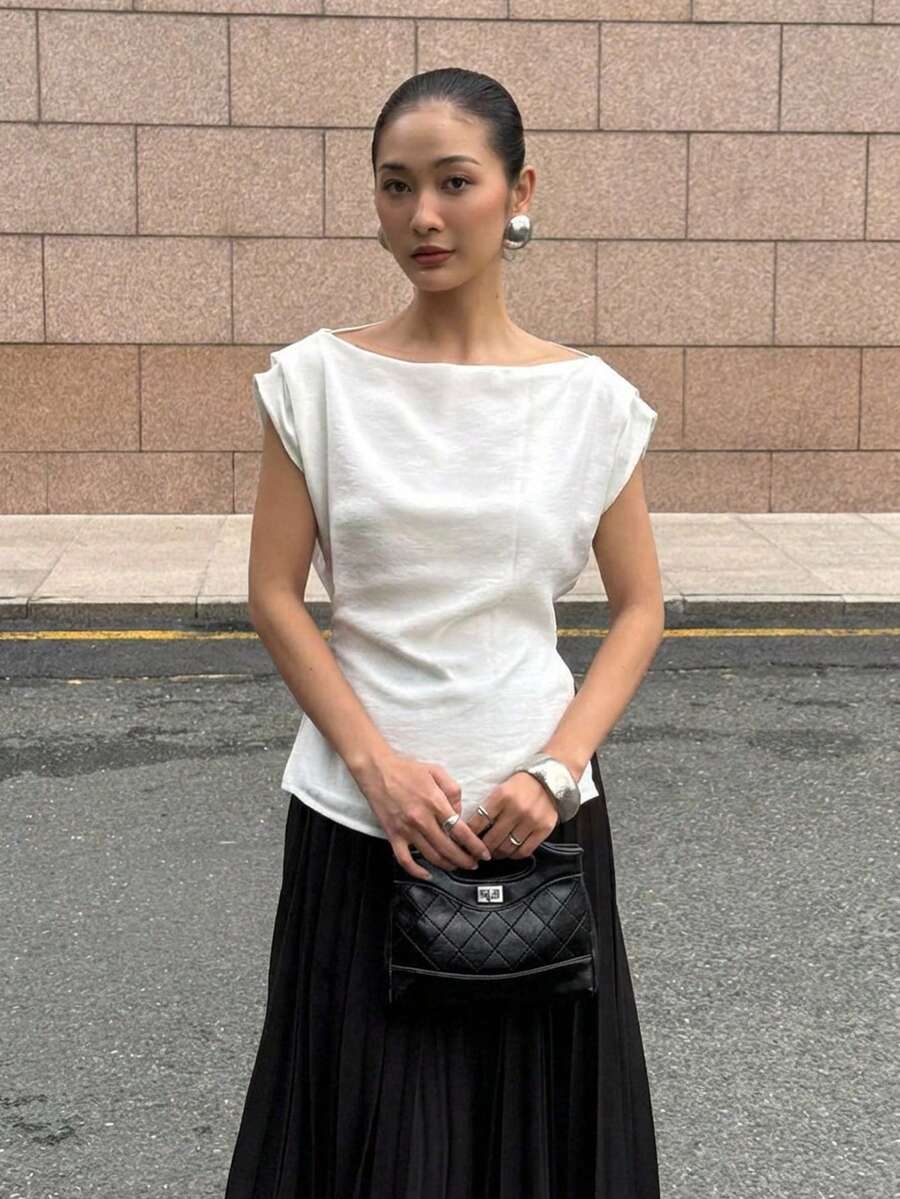 Aloruh 女士优雅船领短袖修身套头休闲通勤衬衫,纯白色上衣 - 白色 - 查看 1