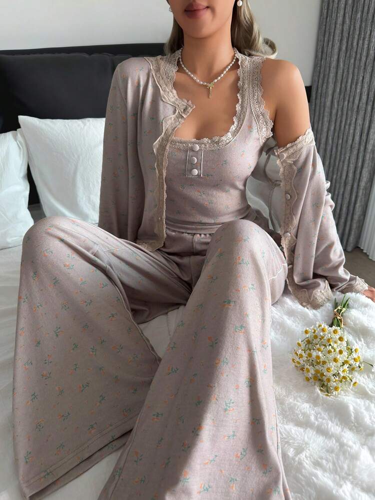 3pcs Set Ditsy Floral Contrast Color Bow Lace Patchwork Camisole Top, Cardigan And Pajama Pants Sleepwear Set For Women