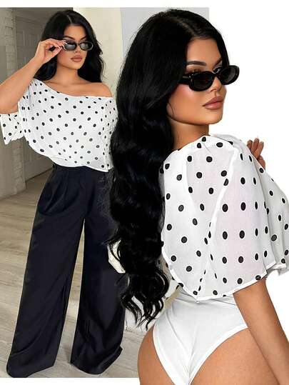 SHEIN SXY Women's Polka Dot Off-Shoulder Casual Bodysuit, Versatile For Daily Wear, Off The Shoulder ,Summer ,Elegant ,Vacation,Beach,Spring