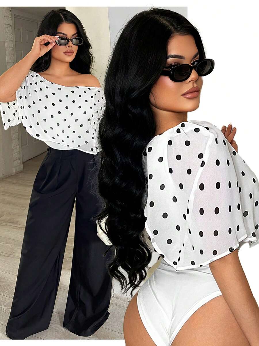 SHEIN SXY Women's Polka Dot Off-Shoulder Casual Bodysuit, Versatile For Daily Wear, Off The Shoulder ,Summer ,Elegant ,Vacation,Beach,Spring - Black and White - View 1