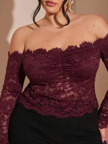 SHEIN BAE 大码女式玫瑰木色短款蕾丝长袖露肩性感透视镂空露肩长袖上衣，酒红色，秋冬叠穿，圣诞节，情人节，女士情人节礼物 - 紅木色 - 查看 7