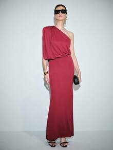 Lumivelle Women's Solid Color Pleated Long Dress With One Shoulder - Burgundy - View 5