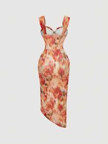 MOD Vestido elegante de mujer con malla de terciopelo con estampado floral y abertura, Vestido negro de graduación, Vestido de mujer, Vestido de bruja, Vestido de vampiro, Vestidos elegantes de mujer, Atuendo del Día de los Muertos, Gótico - Multicolor 2 - Ver 2