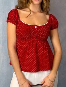 Aless PB Women's Comfortable Square Neck Polka Dot Print Short Sleeve Blouse - Red - View 5