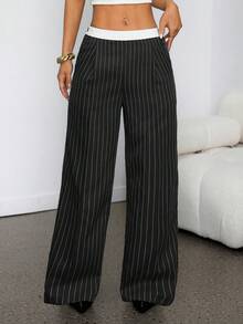 SHEIN PETITE 春夏女士浪漫长裤，适合舞会/正式场合/生日/90年代/商务休闲/优雅/西式/外出/时尚/休闲/Y2K/夜店/办公室/鸡尾酒会/复古/紧身/锐舞节/趣味/高贵/老钱/街头风/度假/乡村音乐会/工作/端庄/春假/单身派对/演唱会/酷炫/基础款/毕业典礼/低腰/宽松/直筒/阔腿/灰色 - 灰色 - 查看 4