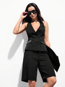 Aveloria Modichic Fashionable Design Elegant Versatile Commute Casual V-Neck Halter Backless Satin Vest Paired With Midi Pants 2 Pieces Set - Black - View 1