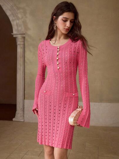 MOTF PREMIUM WOMEN'S SOLID COLOR FLARE SLEEVE FITTED OPEN KNIT SWEATER DRESS