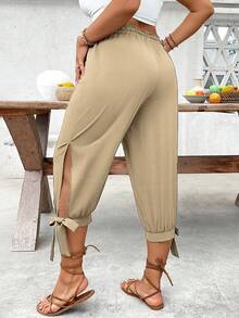 Linhara CURVE Quần lửng cạp cao có dây rút cỡ lớn, dáng 7/8, thích hợp cho mùa xuân/hè. - Màu Khaki - Xem 3