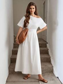 Easowa Elegant White Summer Tea Party Dress For Women,Dropped Shoulder Cinched Waist A-Line Midi Dress,Off Shoulder Modest Wedding Guest Graduation Attire - White - View 3