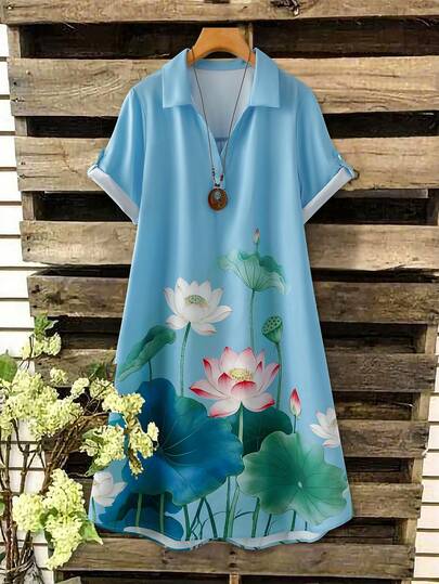 SHEIN Tall CURVE Vestido de verano casual de estilo francés con cuello en V y manga corta para mujer de talla grande