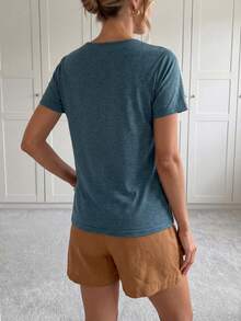 SHEIN LUNE 女士条纹口袋短袖T恤，休闲款 - 彩色 - 查看 2