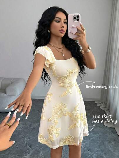 Elenzga Women's Elegant Floral Textured Fabric Square Neck Ruffle Armhole Waist Cinched Vacation Dress, Summer