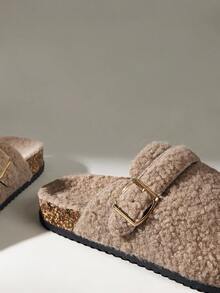 Solecia 女士搭扣设计休闲仿毛皮圣诞节拖鞋 - 深卡其色 - 查看 5