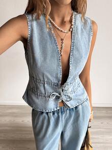 Sunnyshic Spring/Summer Fashion Casual Tie-Up Loose Washed Denim Blouse - Light Wash - View 8