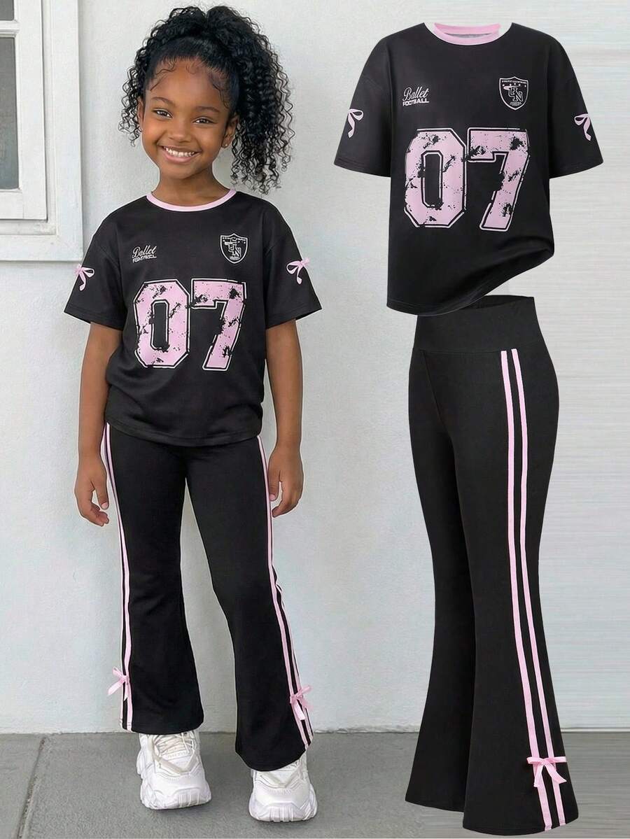 Ensemble 2 pièces pour préadolescentes : T-shirt ample contrasté avec numéro et nœud + pantalon évasé, style casual de base pour la rue et les sports - Noir - Voir 1