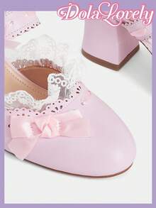 Dola Lovely 女士粉色蕾丝蝴蝶结露跟半截高跟鞋，甜美可爱百搭的洛丽塔风格高跟鞋 - 粉色 - 查看 4