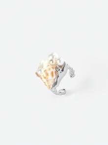 Opalesca Anillo exclusivo con concha irregular y perla con temática oceánica, premium/elegante/elegante/uso diario/minimalista, perla/cristal, verano/playa/baile de graduación/fiesta/vacaciones, compromiso/boda/promesa, novia, corazón/floral, Fairycore/Mermaidcore, chapado en oro de 18K - Plateado - Ver 6
