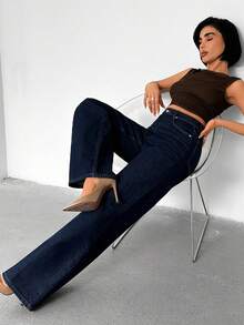 SHEIN Women Dark Blue Raw Denim High-Rise Denim Jeans - Navy Blue - View 4