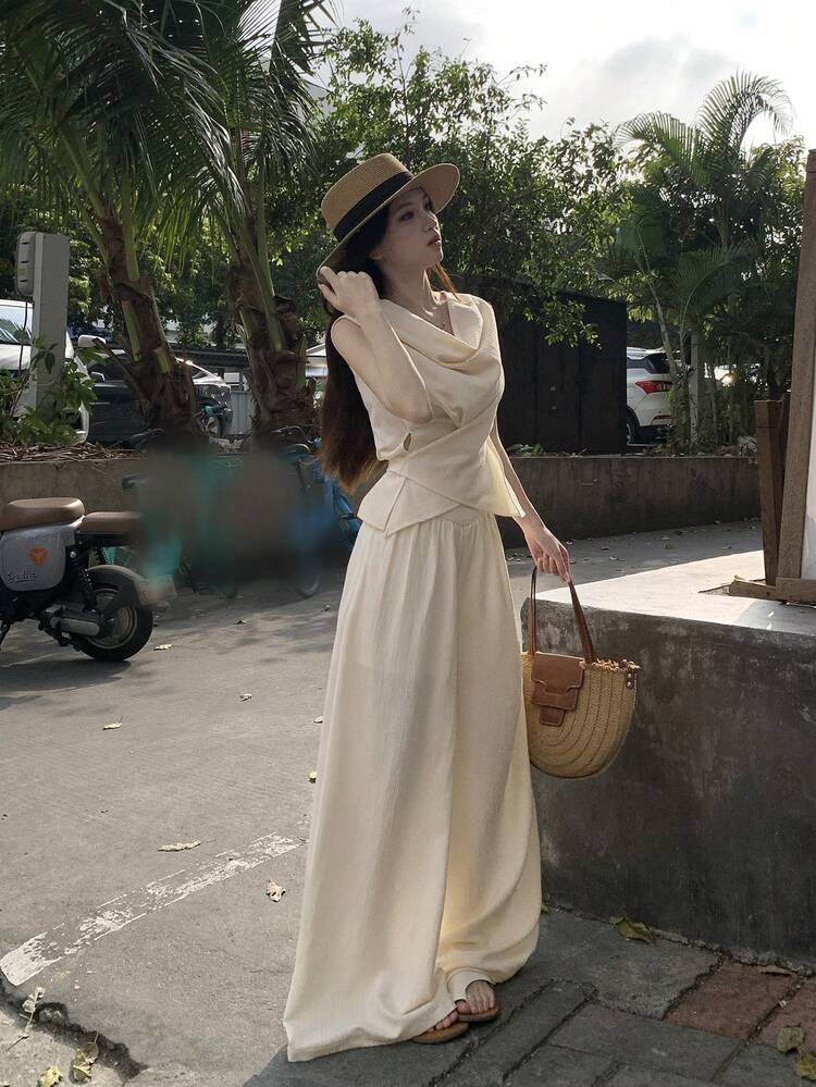 2pcs Women Satin Crinkle Tie-Neck Blouse And Relaxed Pants Suit, Elegant Set