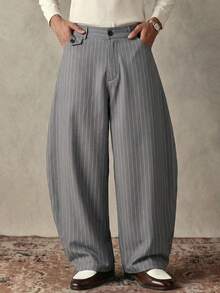 SWAVVY Men's Striped Casual Straight Loose Pants With Pockets - Grey - View 1