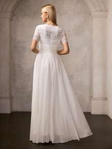 MOTF PREMIUM ELEGANT WHITE SHORT SLEEVE ROUND NECK MAXI PARTY GOWN FOR WOMEN, WITH RHINESTONE EMBELLISHMENTS ON CHEST & SHOULDERS, CHIFFON FABRIC DRESS FOR NEW YEAR, VALENTINE'S DAY, FORMAL PARTIES, GALAS & CELEBRATIONS - White - View 4