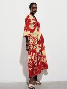 Aveloria Modichic Minimalist Casual Chic Coconut Tree Print Splice Drawstring Waist Flare Sleeve Dress For Women - Multicolor - View 6