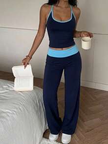 Aloruh Bộ đồ nữ thường ngày gồm áo tank top và quần dài phối màu tương phản. - Màu xanh hải quân - Xem 3