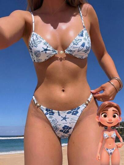 Swim Vcay 2026 Spring/Summer Adjustable Spaghetti Strap White Base Blue Underwater World Side High-Cut Pearl Buckle Splice Women Vacation Bikini Set