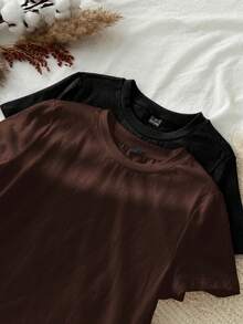Tseoso 2pcs/Set Casual Minimalist Basic Round Neck Short Sleeve Undershirt, Black & Dark Brown, Spring/Summer - Multicolor - View 6