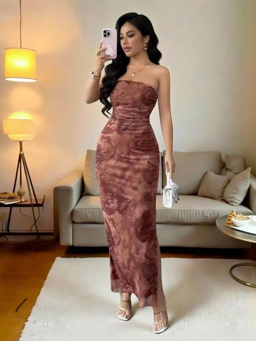 Rafferiza 女士优雅褶皱扎染网纱印花收腰无肩带开衩派对连衣裙 - 咖啡 - 查看 1