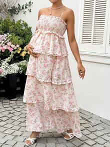 SHEIN Maternity Summer Pregnant Floral Dress Comfortable, Soft Vacation - Pink - View 5