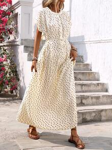 Breezaya 女士浪漫波点圆领立领半开襟插肩袖宽松A字长连衣裙，配腰带，优雅复古法式风格，适合办公室、通勤、商务、休闲、度假、下午茶、街头、极简主义、复古、澳式休闲、派对、波西米亚风等场合，春夏新品上市 - 杏色 - 查看 5