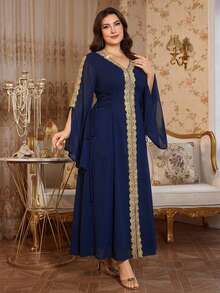 Reflora 大码女式贴花装饰开衩袖优雅连衣裙 - 藍色 - 查看 15