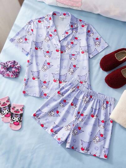 HELLO KITTY AND FRIENDS | SHEIN 少女卡通图案短袖上衣和短裤睡衣套装