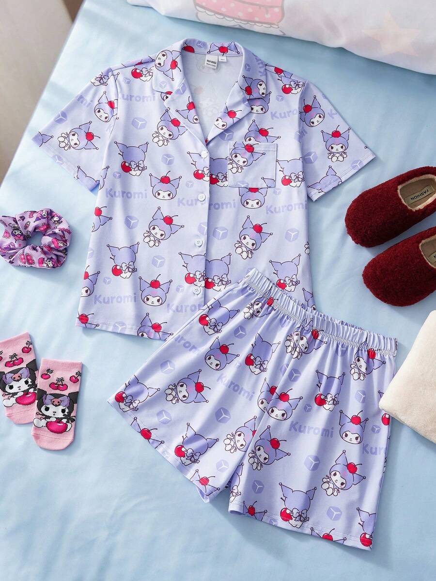 HELLO KITTY AND FRIENDS | SHEIN Conjunto de pijama con top de manga corta y pantalones cortos con estampado de dibujos animados para niña preadolescente - Púrpura malva - Ver 1