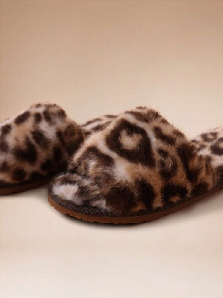 Leopard Print Fuzzy Faux Fur Slip On Flat Slippers