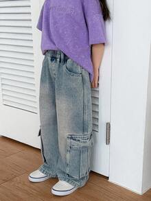 DAZY Young Girls Loose Cargo Pocket Korean Style Jeans - Blue - View 6