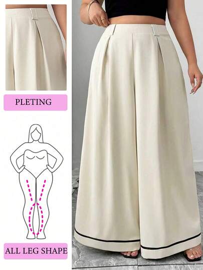 Elenzga Pantalones anchos de cintura elástica con contraste de color y pliegues para mujer talla grande, primavera/verano