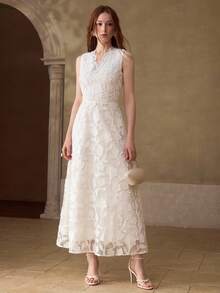 MOTF PREMIUM EMBROIDERED V-NECK SLEEVELESS BEADED ELEGANT VACATION WHITE DRESS - White - View 5