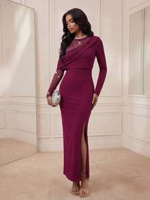 Anewsta Elegant One-Shoulder Mesh Rhinestone Splice Slit Fitted Maxi Dress, Burgundy Red For Evening Party - Burgundy - View 3