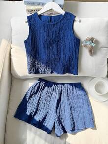 SHEIN Tween Girls' Casual Vacation Round Neck Tank Top With Textured Fabric And Bow Detail, Paired With Shorts Set - Blue - View 6