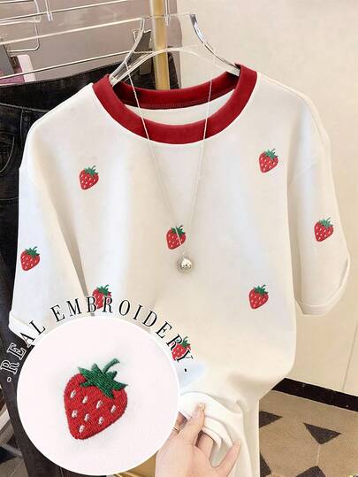 Resyla Women's Casual Dropped Shoulder Round Neck T-Shirt, Strawberry Embroidered T-Shirt, Strawberry Embroidered T-Shirt, Casual Comfortable Outdoor T-Shirt, All Season T-Shirt, Fruit T-Shirt