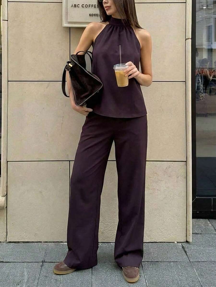 Aloruh 紫色编织露背无袖上衣+直筒裤套装