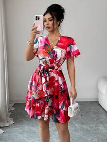 Elenzga White Floral Summer Boho Holiday Vacation Holiday V-Neck Ruffle Flare Sleeve Criss-Cross Bow Tie Multi-Layer Cake Skirt A-Line Puff Mini Dress - Multicolor - View 1